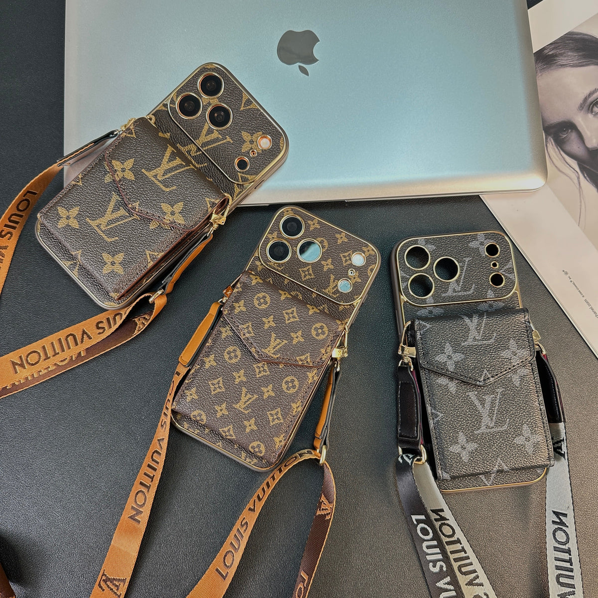 Leather Monogram Case with Wallet and Crossbody Strap For iPhone 12-18 Pro & Pro Max