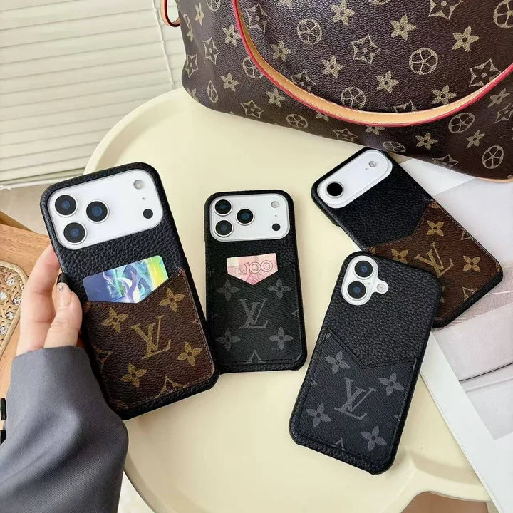 LV Monogram Leather Phone Case with Card Slot Case for iPhone 12-18 Pro & Pro Max