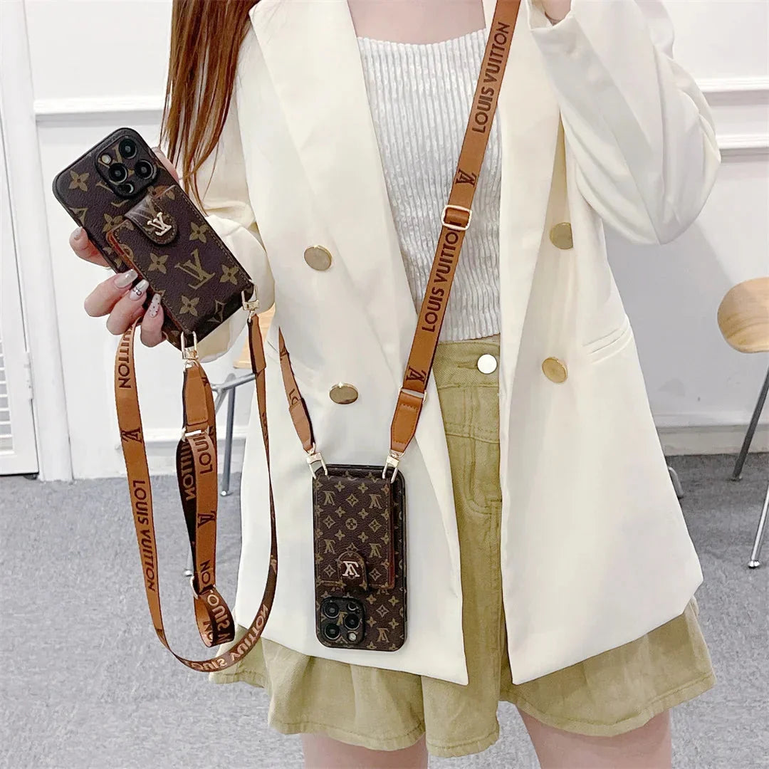 Monogram Canvas Leather Button Card Holder Crossbody iPhone Case Roxy New 2