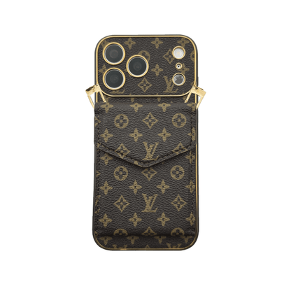 Leather Monogram Case with Wallet and Crossbody Strap For iPhone 12-18 Pro & Pro Max
