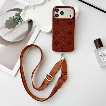 Elite Monogram Leather Case with Crossbody Strapfor iPhone 12-18 Pro & Pro Max