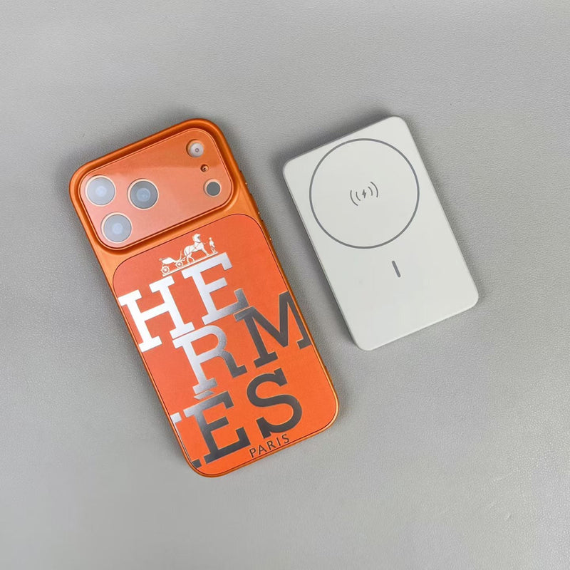 Premium orange leather iPhone case with bold designer typography