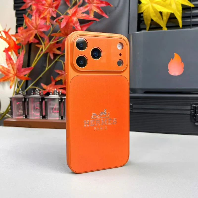 Luxury orange leather iPhone case with classic horse carriage emblem