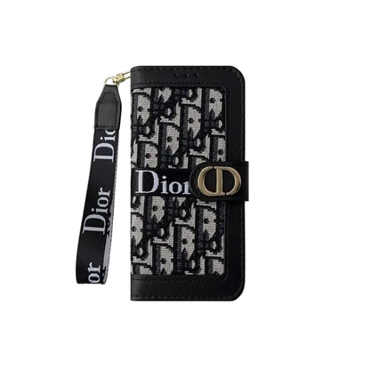 Luxury Monogram Canvas Wallet Case with Wristlet Strap for iPhone 12-17
