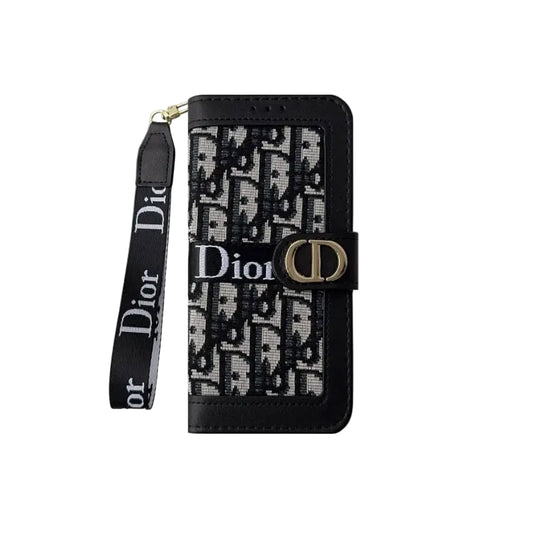 Luxury Monogram Canvas Wallet Case with Wristlet Strap for iPhone 12-17