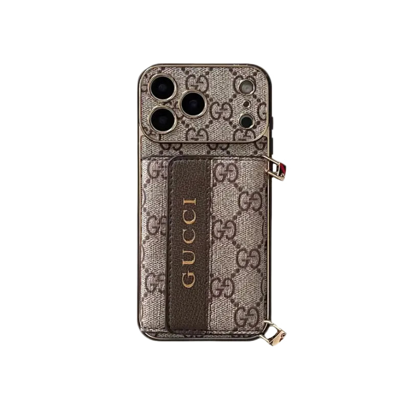Classic Gucci monogram phone case with card slot & crossbody lanyard