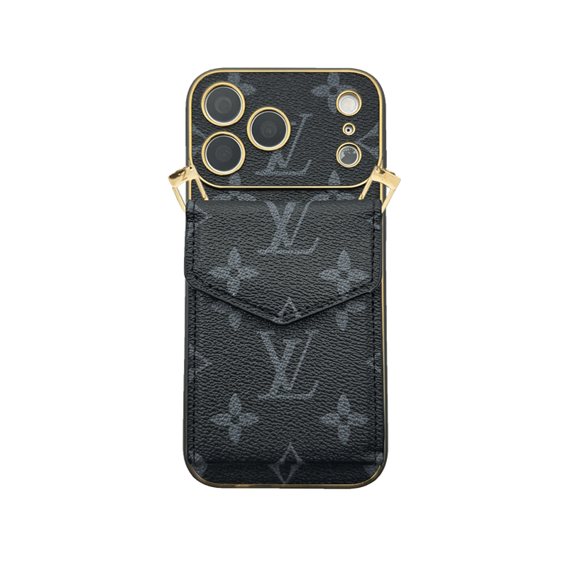 Leather Monogram Case with Wallet and Crossbody Strap For iPhone 12-18 Pro & Pro Max