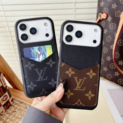 LV Monogram Leather Phone Case with Card Slot Case for iPhone 12-18 Pro & Pro Max