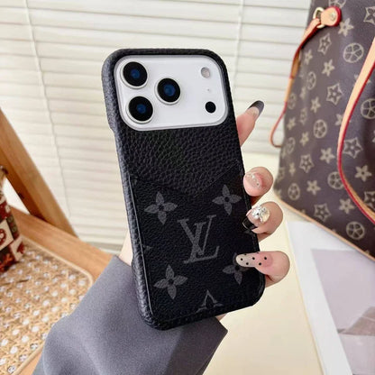 LV Monogram Leather Phone Case with Card Slot Case for iPhone 12-18 Pro & Pro Max