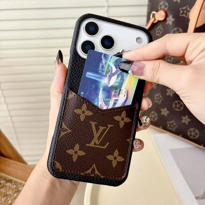 LV Monogram Leather Phone Case with Card Slot Case for iPhone 12-18 Pro & Pro Max