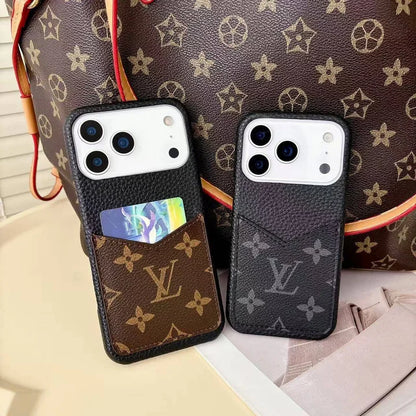 LV Monogram Leather Phone Case with Card Slot Case for iPhone 12-18 Pro & Pro Max