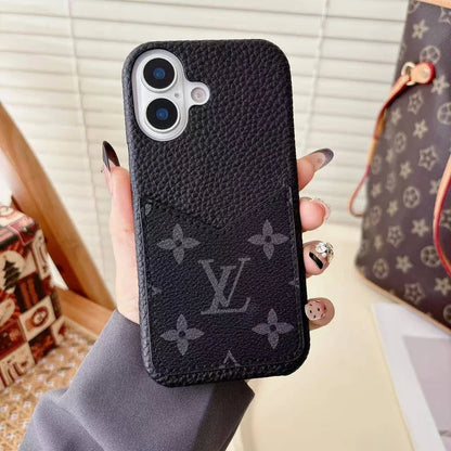 LV Monogram Leather Phone Case with Card Slot Case for iPhone 12-18 Pro & Pro Max