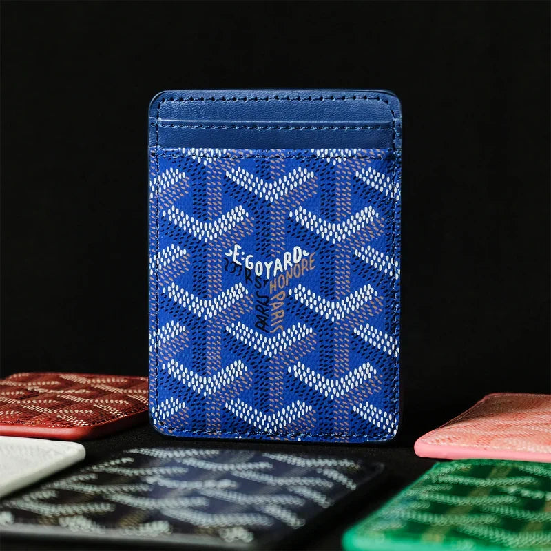 Premium Royal Blue magnetic MagSafe card holder with a luxurious geometric pattern