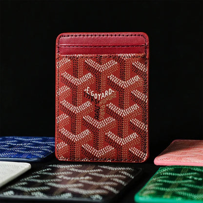 Premium Heritage Red magnetic MagSafe card holder with a luxurious geometric pattern