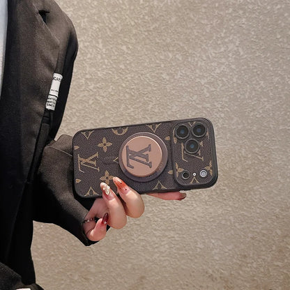 Luxury Monogram Leather Magsafe Phone Case Stand Function for iPhone 13-17 Series