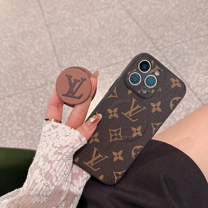 Luxury Monogram Leather Magsafe Phone Case Stand Function for iPhone 13-17 Series