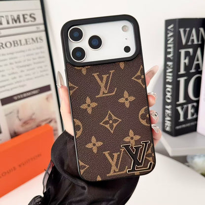 Brand Leather with Black Logo Phone Case for iPhone 12-18 Pro & Pro Max