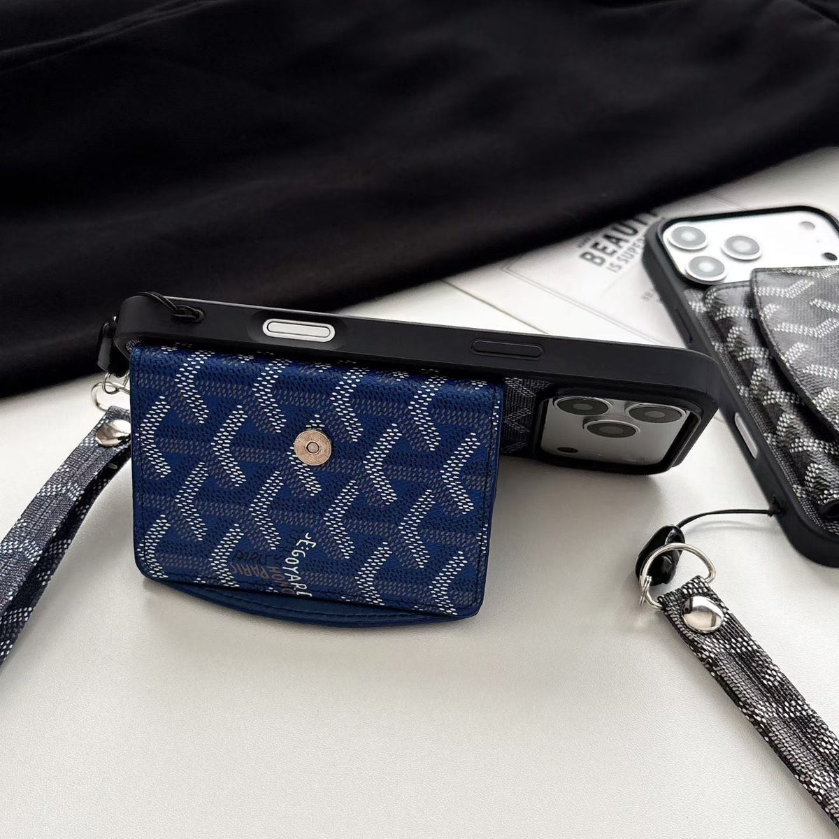 GYD Chevron Pattern Lanyard Folding Wallet Case for iPhone 13-18 Pro & Pro Max