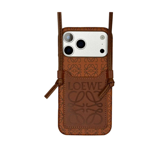 LW Monogram Embossed Leather Wallet Case with Knotted Crossbody Strap for iPhone 12-18 Pro & Pro Max