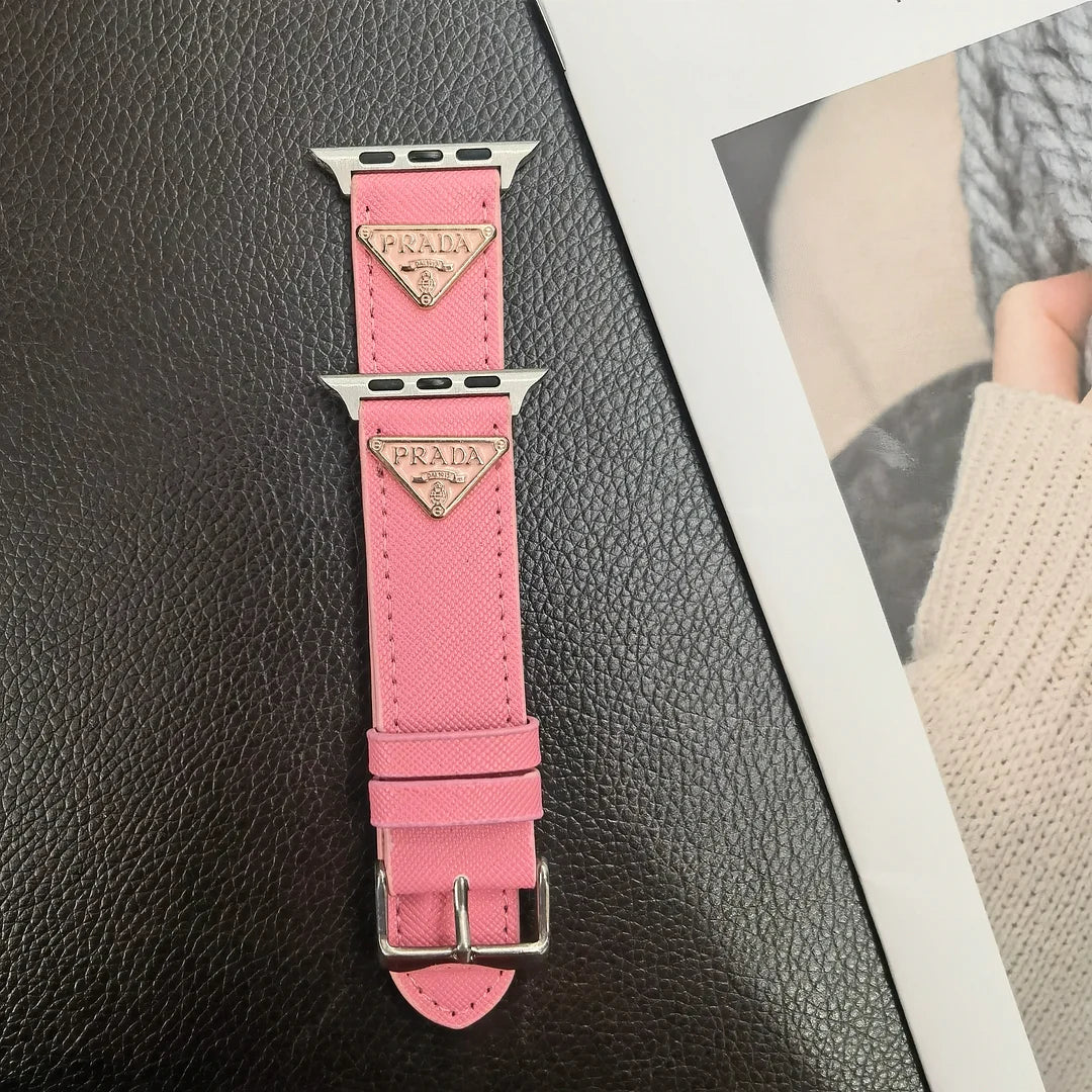 Double Triangle Monogram Label Leather Apple Watch Band Roxy New