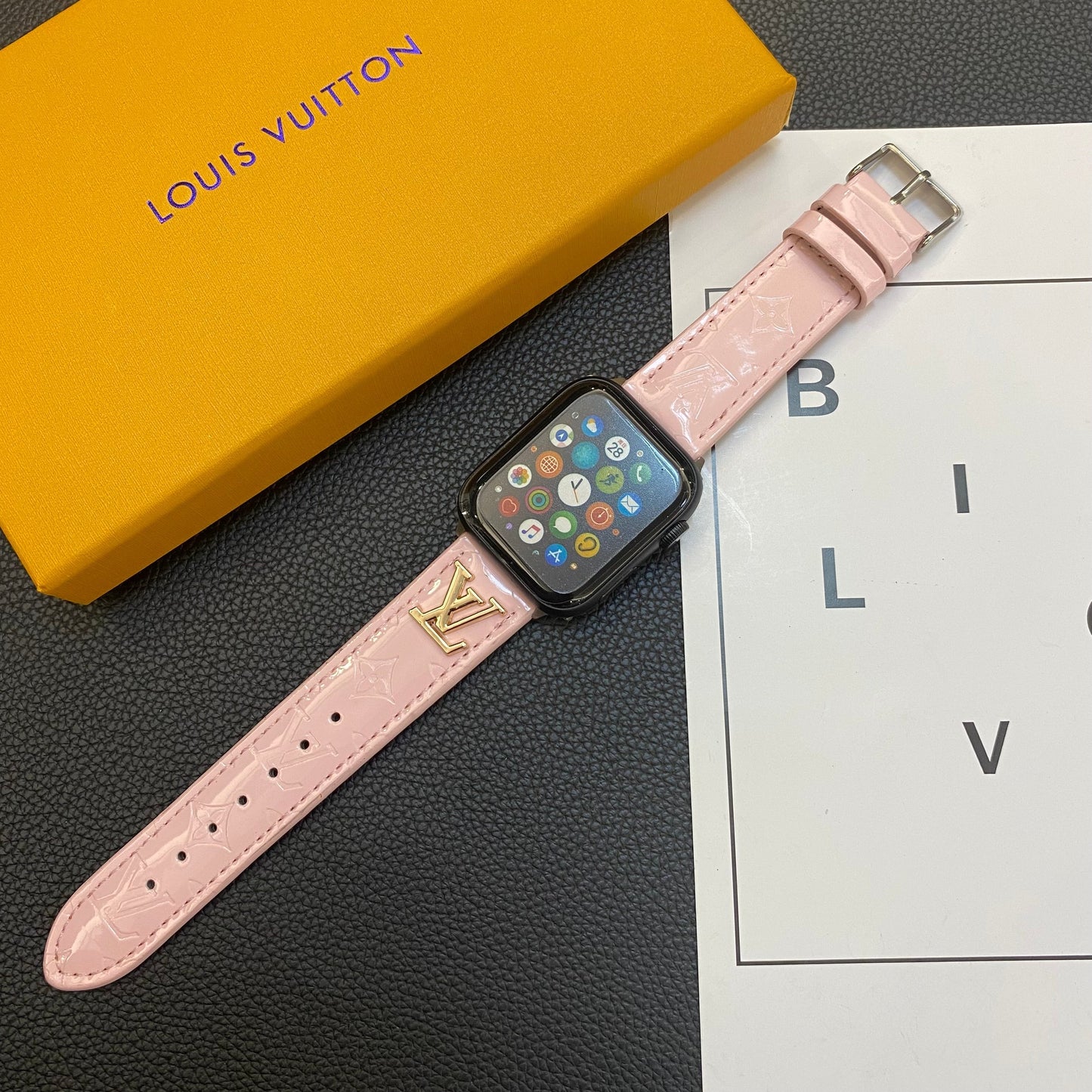GLOSSY LEATHER APPLE WATCH STRAP LUXURY METAL LOGO Roxy New 2