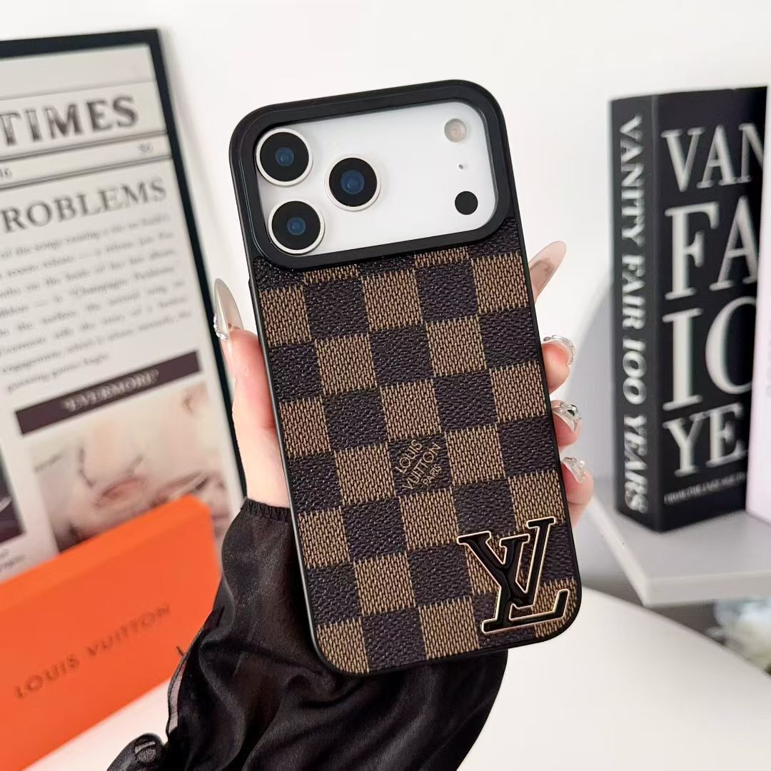 Brand Leather with Black Logo Phone Case for iPhone 12-18 Pro & Pro Max