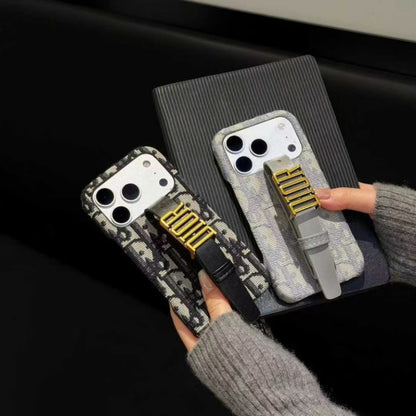 Luxury Case with Adjustable Gold-Tone Hand Strap For iPhone 12-17 Series