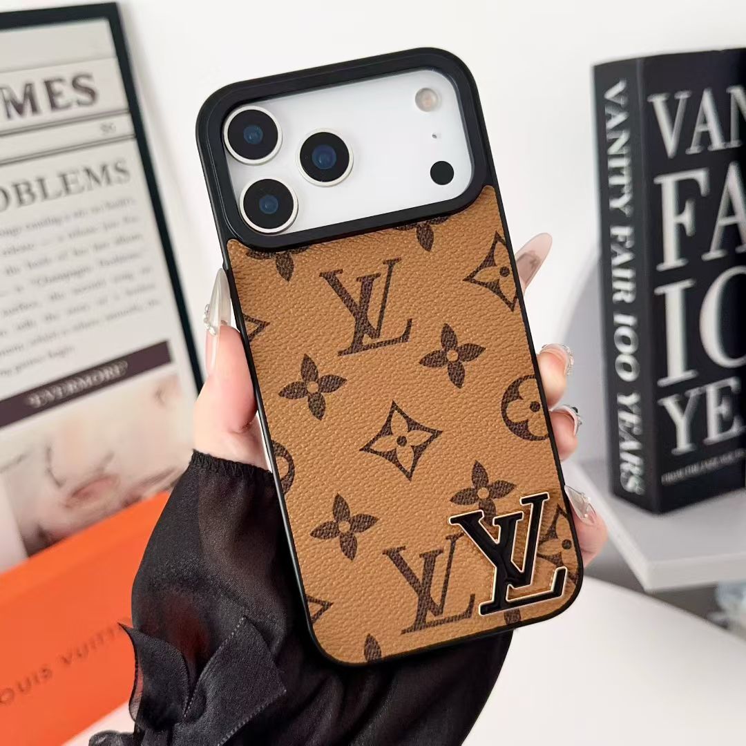 Brand Leather with Black Logo Phone Case for iPhone 12-18 Pro & Pro Max
