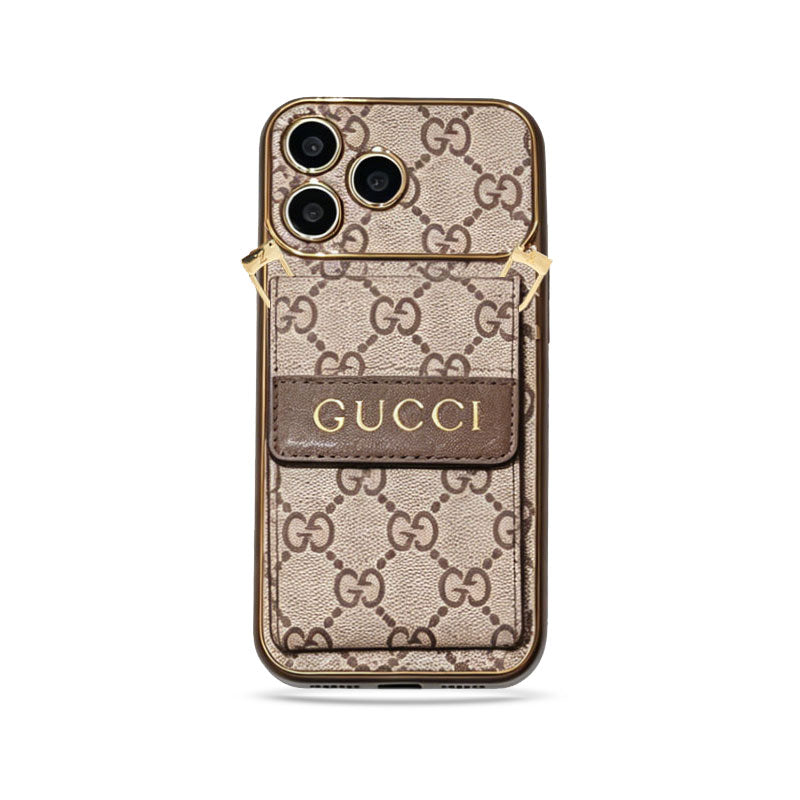 GG Premium Leather iPhone 17 Case with Card Holder and Shoulder Strap