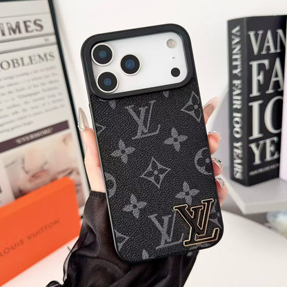 Brand Leather with Black Logo Phone Case for iPhone 12-18 Pro & Pro Max
