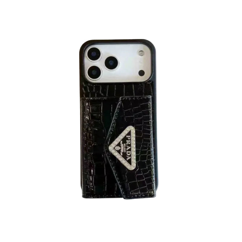 Elegant Prada Apple Phone Case with Card Holder For iPhone 12-17