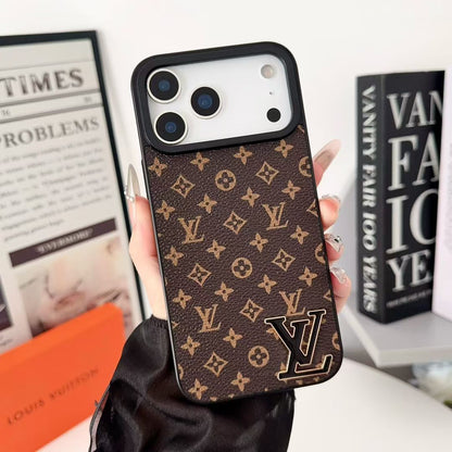 Brand Leather with Black Logo Phone Case for iPhone 12-18 Pro & Pro Max