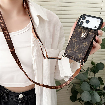 Lv Leather Card Holder Case Crossbody for iPhone 12-18 Pro & Pro Max