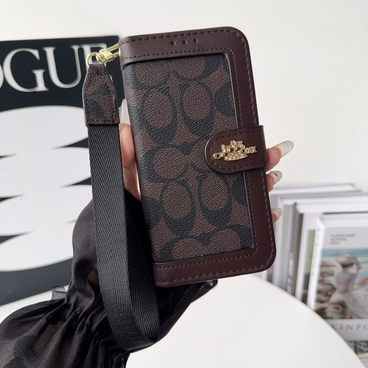 Luxury Monogram Canvas Wallet Case for iPhone 12-17 Detachable Wristlet & Card Holder