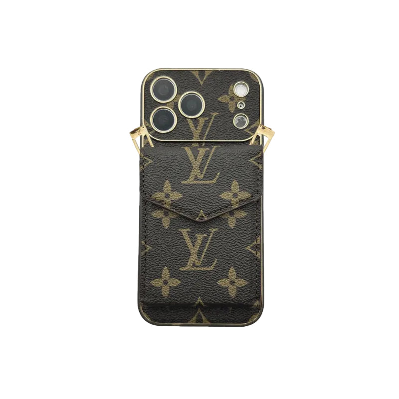 Leather Monogram Case with Wallet and Crossbody Strap For iPhone 12-18 Pro & Pro Max