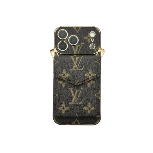Leather Monogram Case with Wallet and Crossbody Strap For iPhone 12-18 Pro & Pro Max