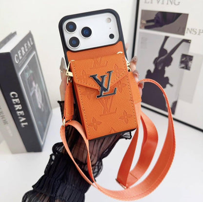 LV Luxury Phone Case with Card Holder For iPhone 12 to 18 Pro Max