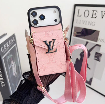 LV Luxury Phone Case with Card Holder For iPhone 12 to 18 Pro Max