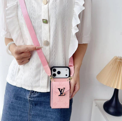 LV Luxury Phone Case with Card Holder For iPhone 12 to 18 Pro Max