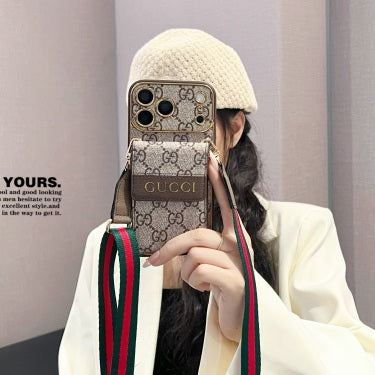 GG Premium Leather iPhone 17 Case with Card Holder and Shoulder Strap