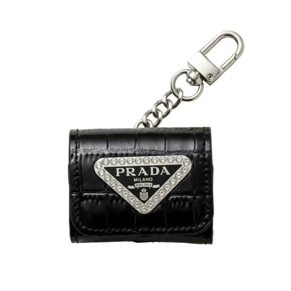 Luxury Prada Leather AirPods Case Black with Emblem & Keychain