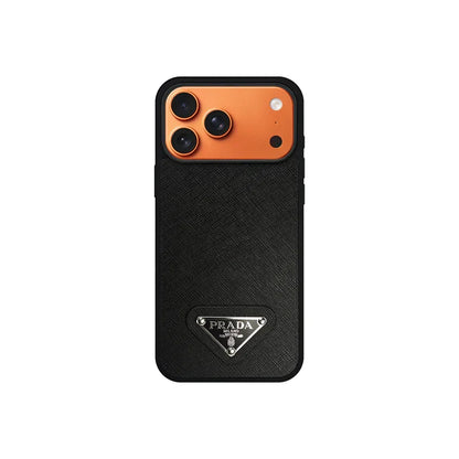 Premium Saffiano Leather Case with Metallic Badge for iPhone 12-17 Series