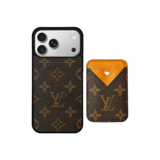 Set Magsafe Cardholder Orange LV Monogram Brown with Case For iPhone 12-17 Series