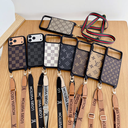 Luxury Monogram Phone Case with Detachable Strap for iPhone 12-18 Pro & Pro Max