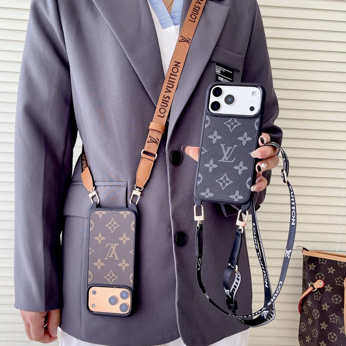 Luxury Monogram Phone Case with Detachable Strap for iPhone 12-18 Pro & Pro Max