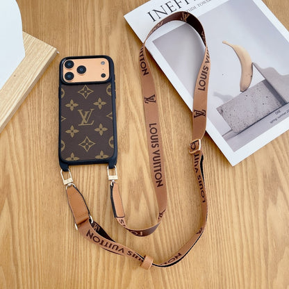 Luxury Monogram Phone Case with Detachable Strap for iPhone 12-18 Pro & Pro Max