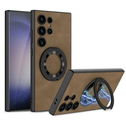 Frosted Leather Magnetic Ring Kickstand Phone Case for Samsung S24 Series CaseSpot