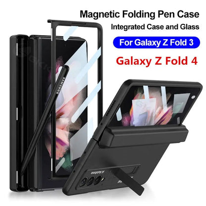 Magnetic Frame Stand All - included Screen Glass Film Case With Hidden S Pen Slot -Case With Pen For Samsung Galaxy Z Fold 4 /3 5G - theroxymob