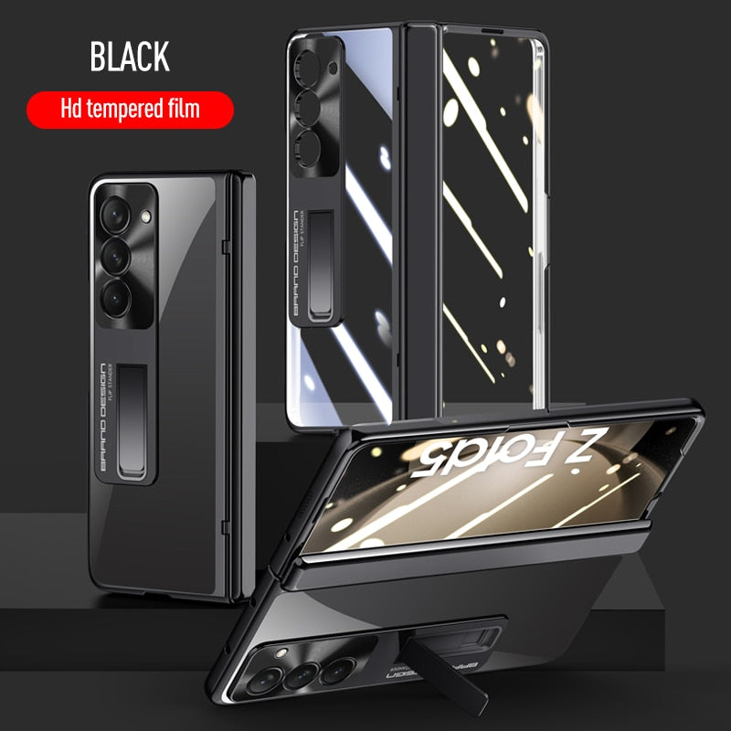 Electroplated Transparent Hinge Case For Samsung Galaxy Z Fold5 Shockproof Protective Clear Cover with Bracket Front Film CaseSpot