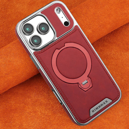 Magnetic Bracket Attraction Cowhide Leather Plating Phone Cover For iPhone 17/ 16/ 15/ 14
